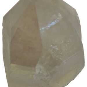 Angel aura quartz polished freeform point b sians emporium Polished angel aura quartz freeform point standing upright with natural striations and cut faceted termination on a plain background